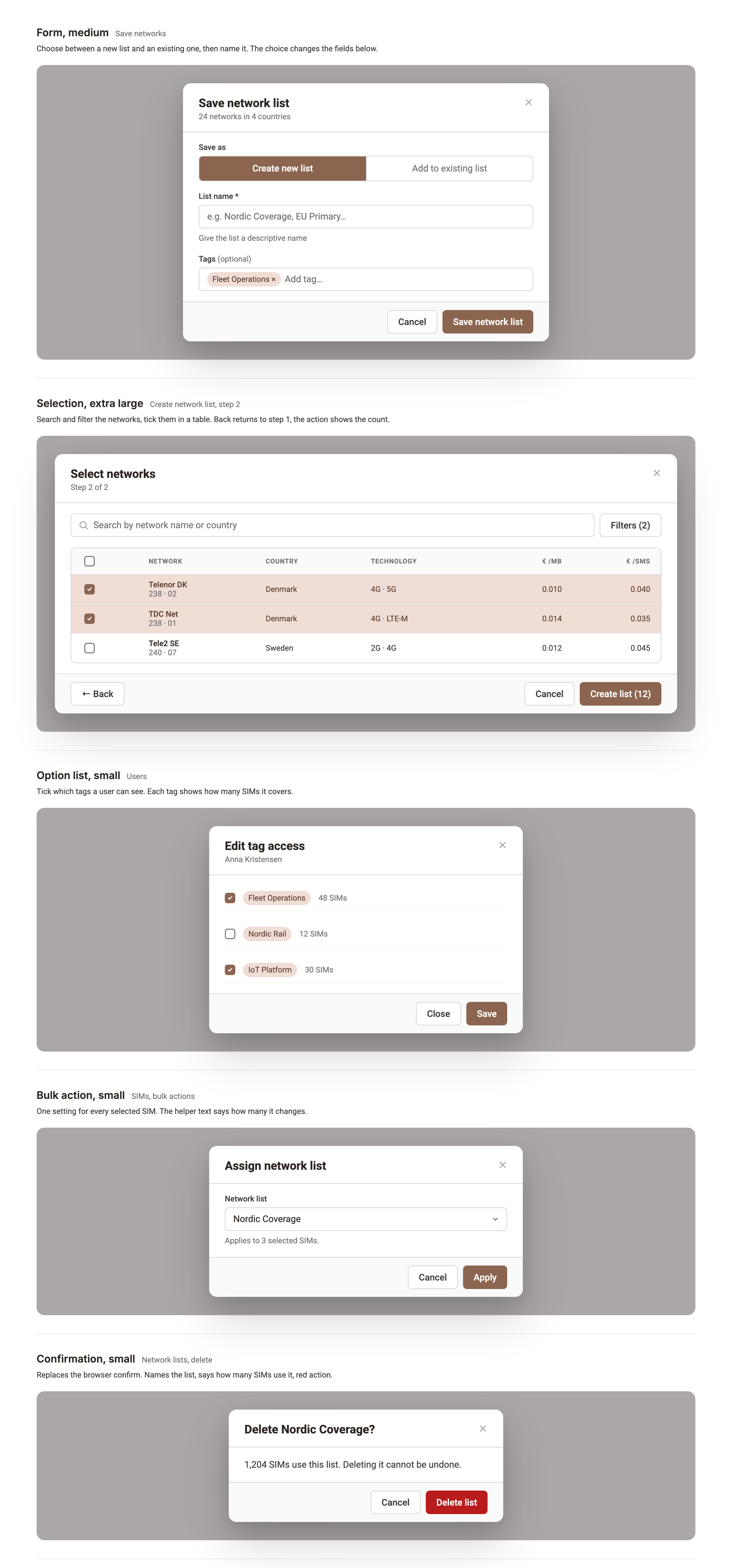 Modals in the platform: save network list, select networks, edit tag access, assign network list, delete confirmation
